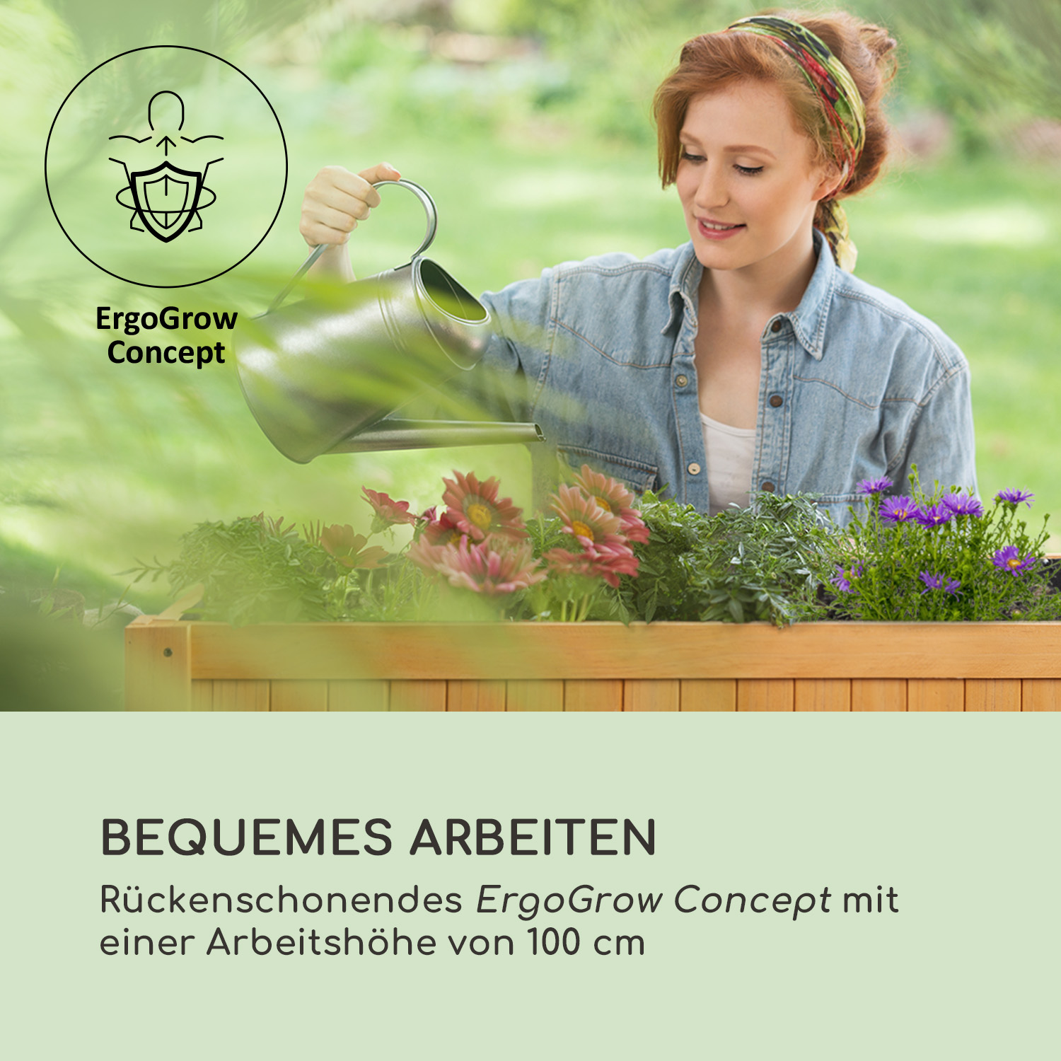 Eine Frau gießt Blumen in einem Hochbeet. Das Bild betont das ergonomische Design.