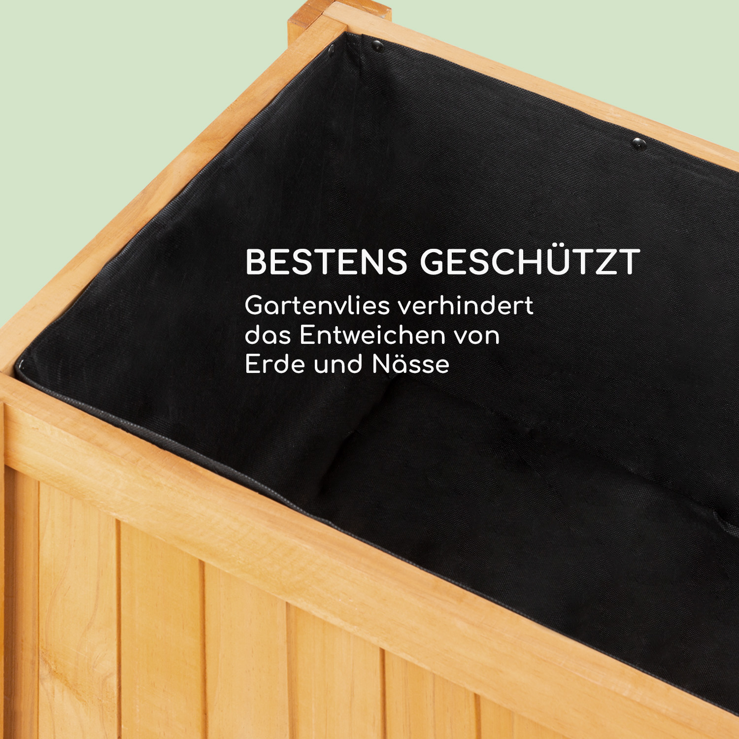 Holz-Pflanzkasten mit schwarzer Auskleidung, schützt Erde und Feuchtigkeit, Nahaufnahme.