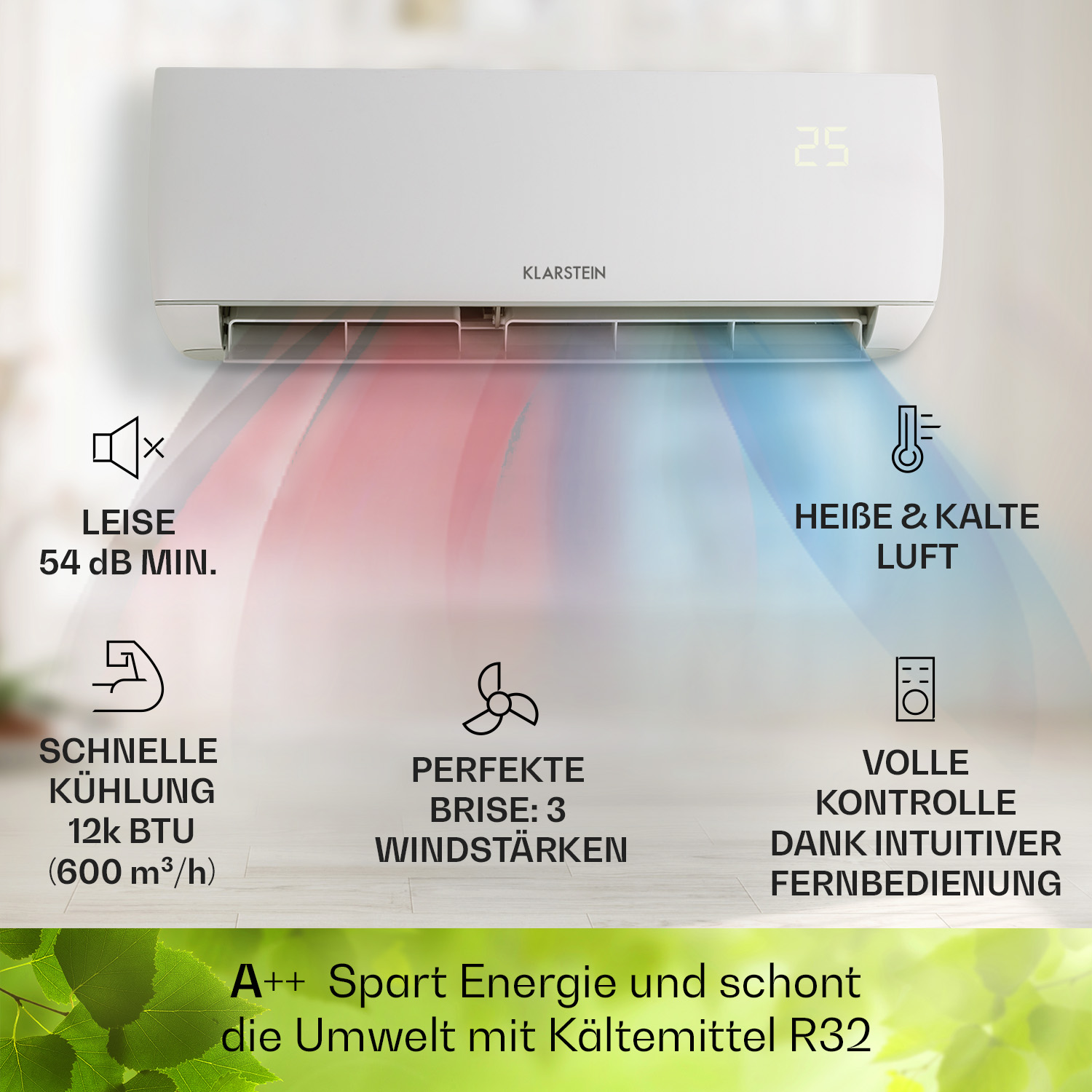 Klimaanlage mit Luftstromindikatoren und Energiesparsymbolen. Text: A++ Energiesparen.