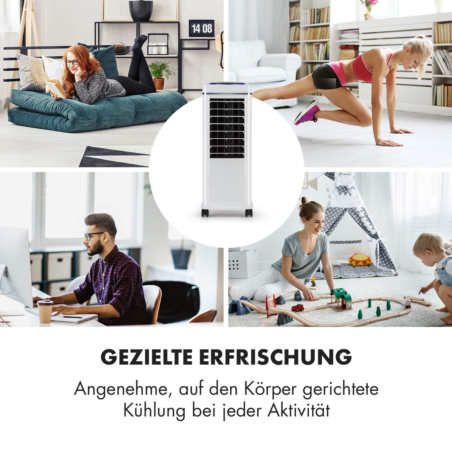Ein Luftkühler in einem Raum mit Menschen, die trainieren, arbeiten und sich entspannen.