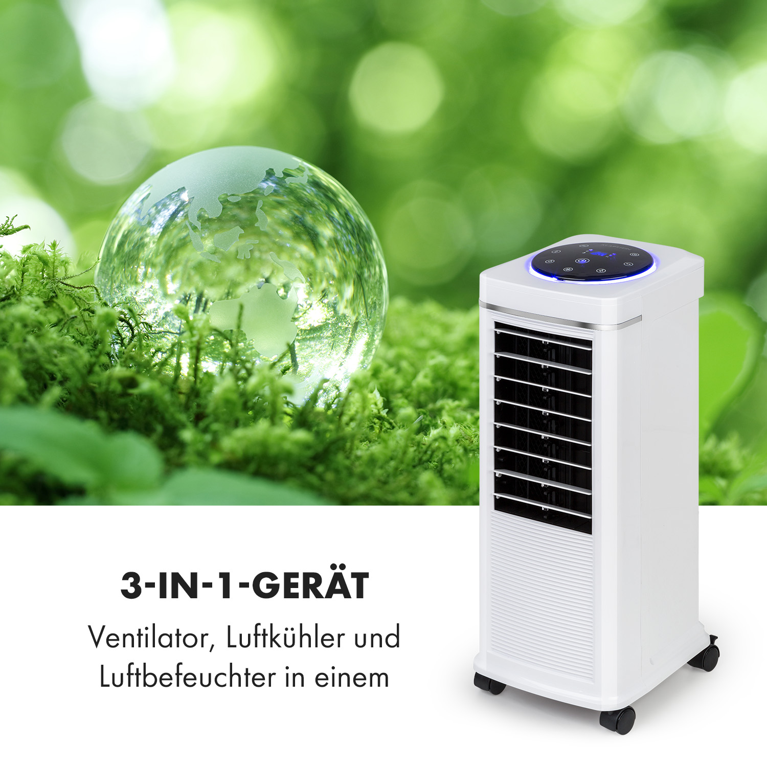 Ein weißer Luftkühler in grüner Umgebung. Eine Glaskugel befindet sich im Hintergrund.
