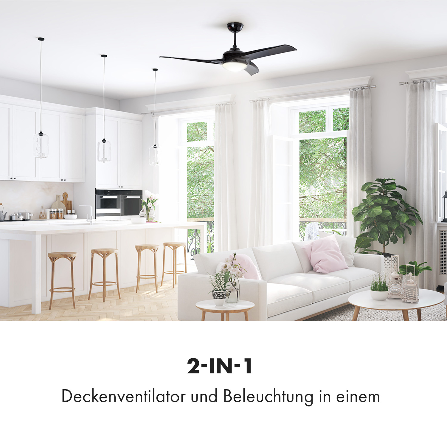 Salón moderno con ventilador de techo, muebles blancos y grandes ventanas.