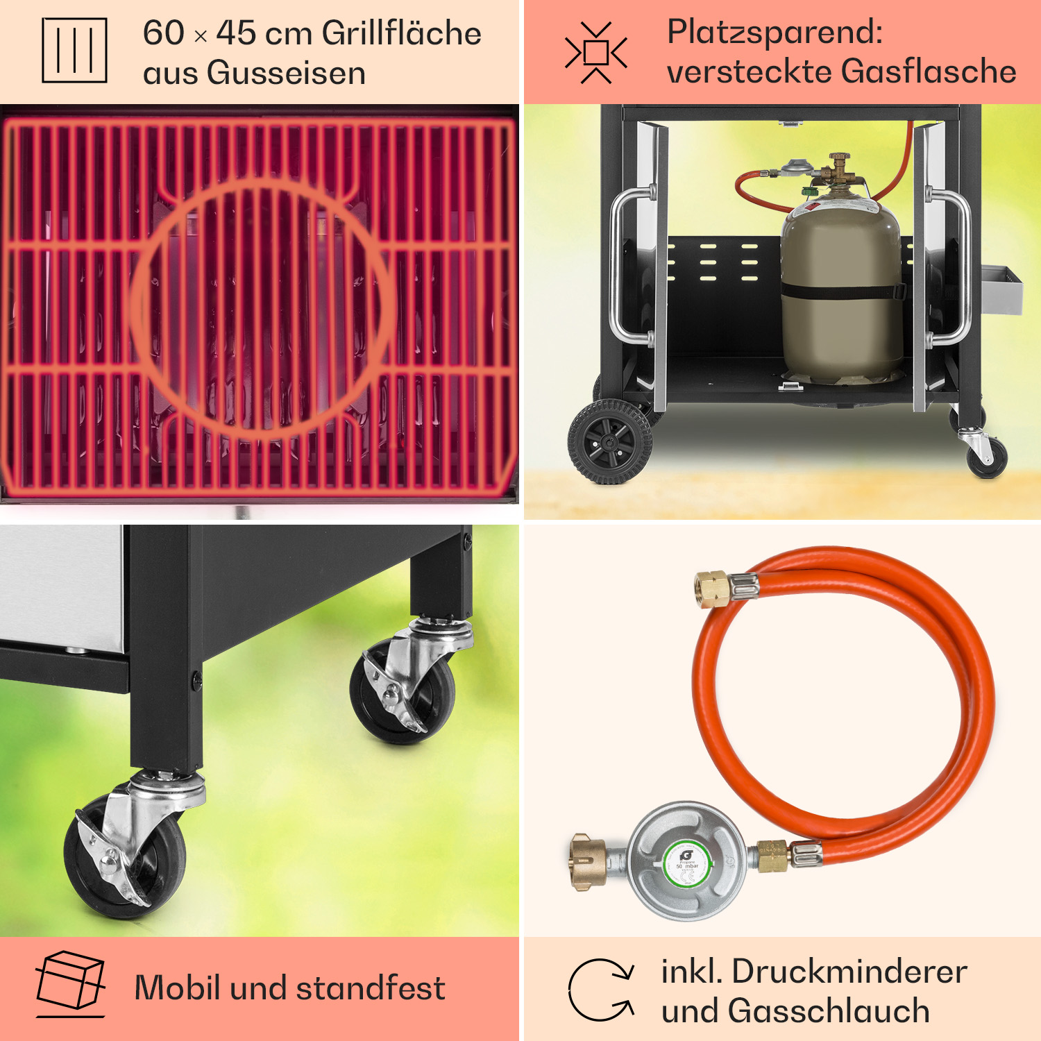Quattro immagini di una griglia e accessori. Etichette di testo: Area griglia, bombola del gas, ruote, tubo del gas.