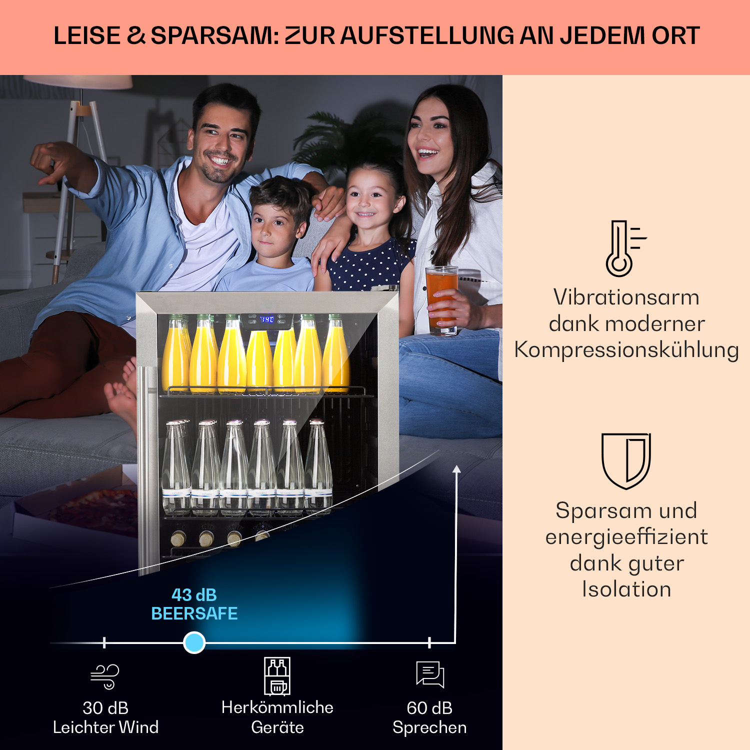 Familie schaut fern, Kühlschrank mit Getränken, mit Text über ruhigen Betrieb.