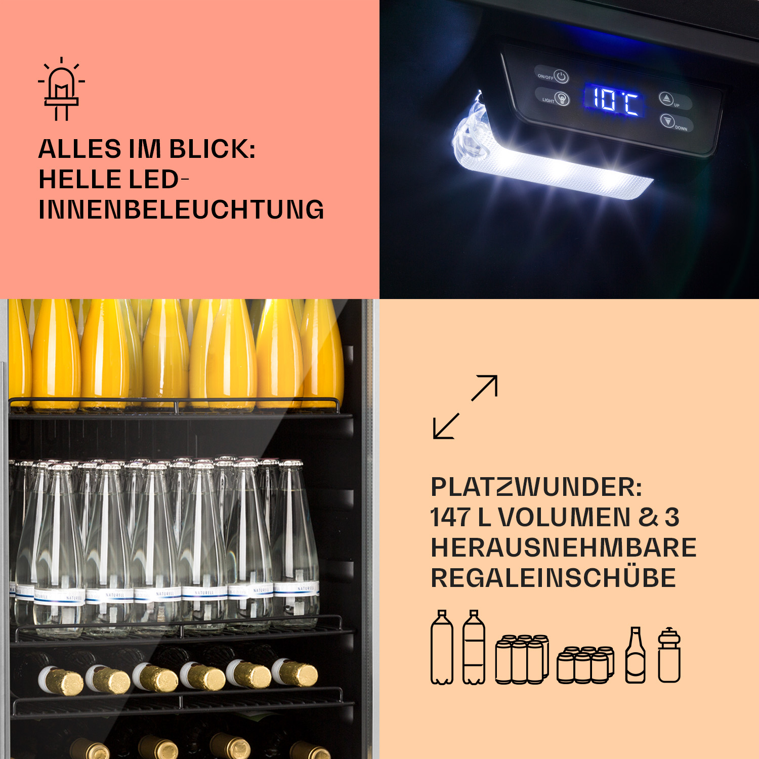 Nahaufnahme eines Minikühlschranks. Der Innenraum zeigt Flaschen und Gläser unter hellen LED-Leuchten.