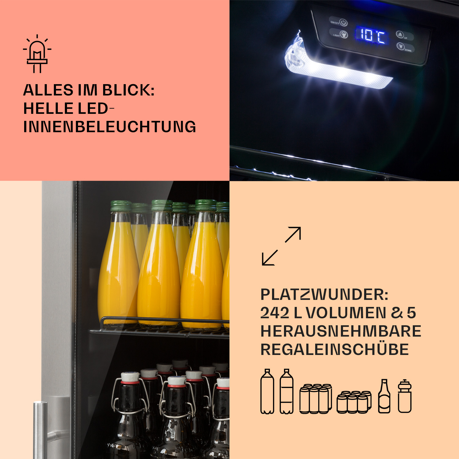 Kühlschrank-Innenraum mit Saftflaschen, Getränken und LED-Beleuchtung.