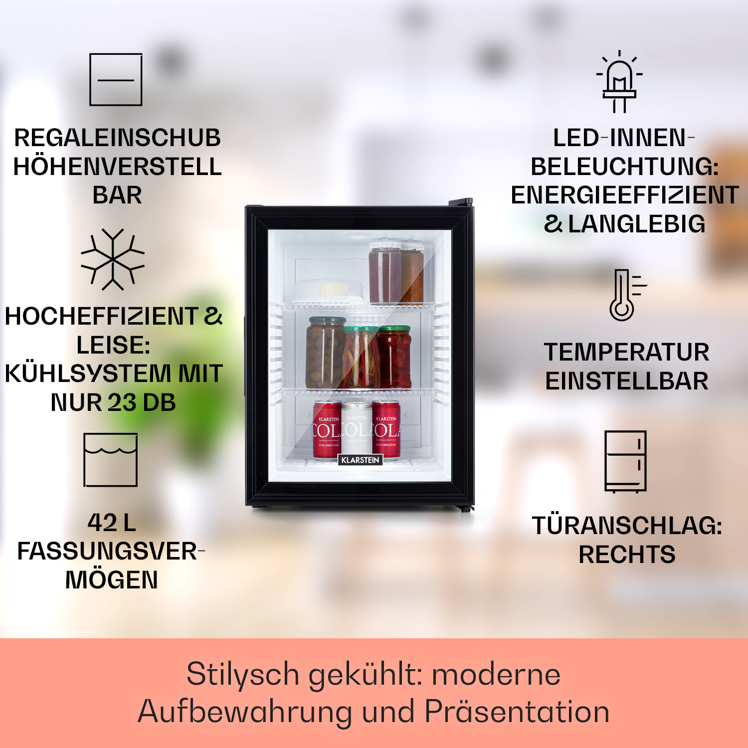 Ein Mini-Kühlschrank mit Getränken. Text-Overlay-Details zu Funktionen und Vorteilen.