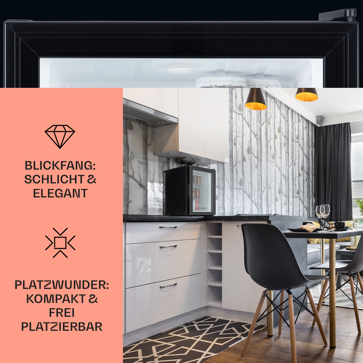 Schwarzer Mini-Kühlschrank in einem Raum. Text über Design und kompakte Größe. Küche im Hintergrund.