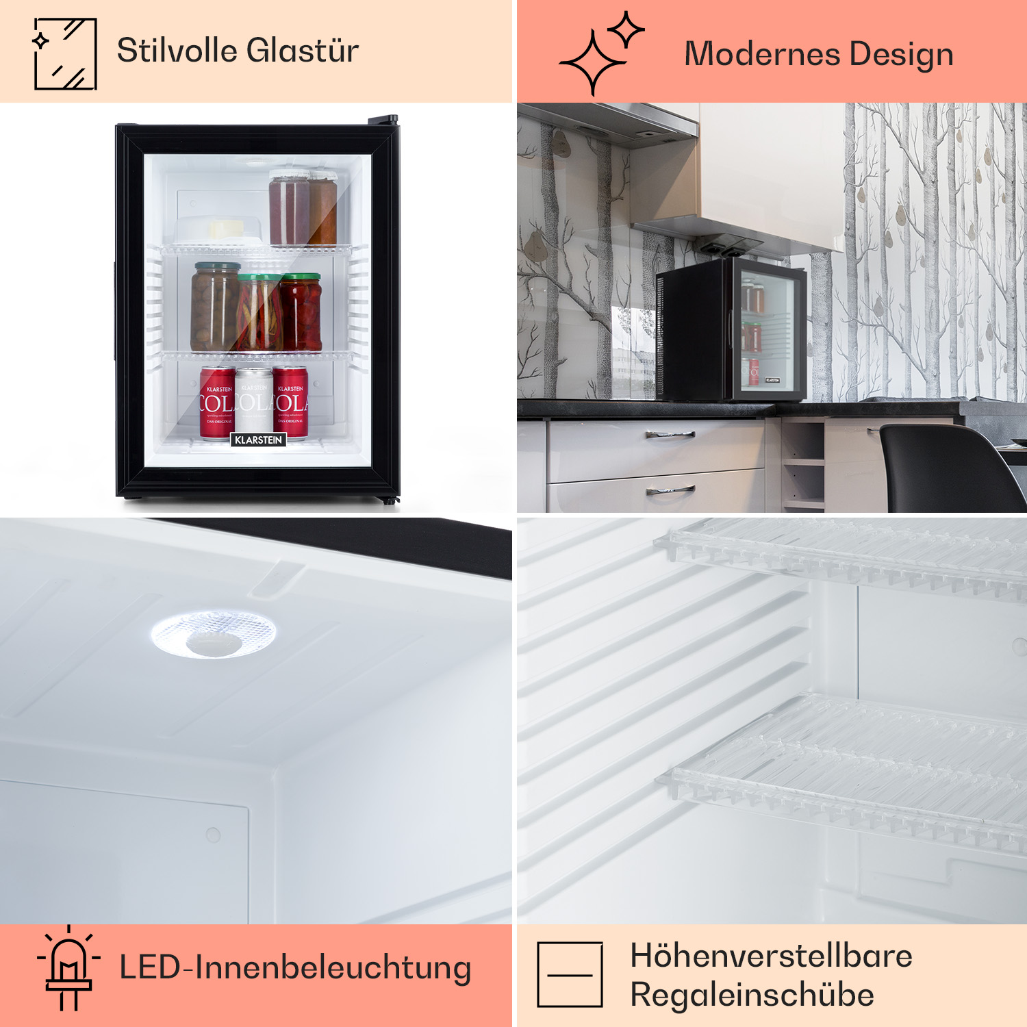 Minikühlschrank mit Glastür. Text: Stilvolle Glastür, modernes Design, LED-Innenbeleuchtung, verstellbare Regale.