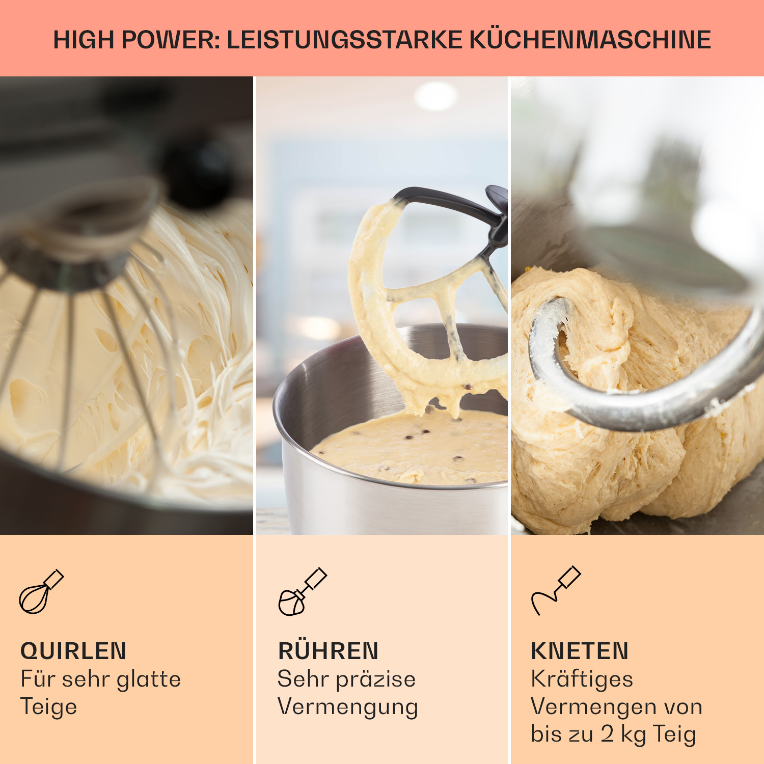Drei Nahaufnahmen, die verschiedene Backschritte zeigen: Quirlen, Rühren und Kneten des Teigs.