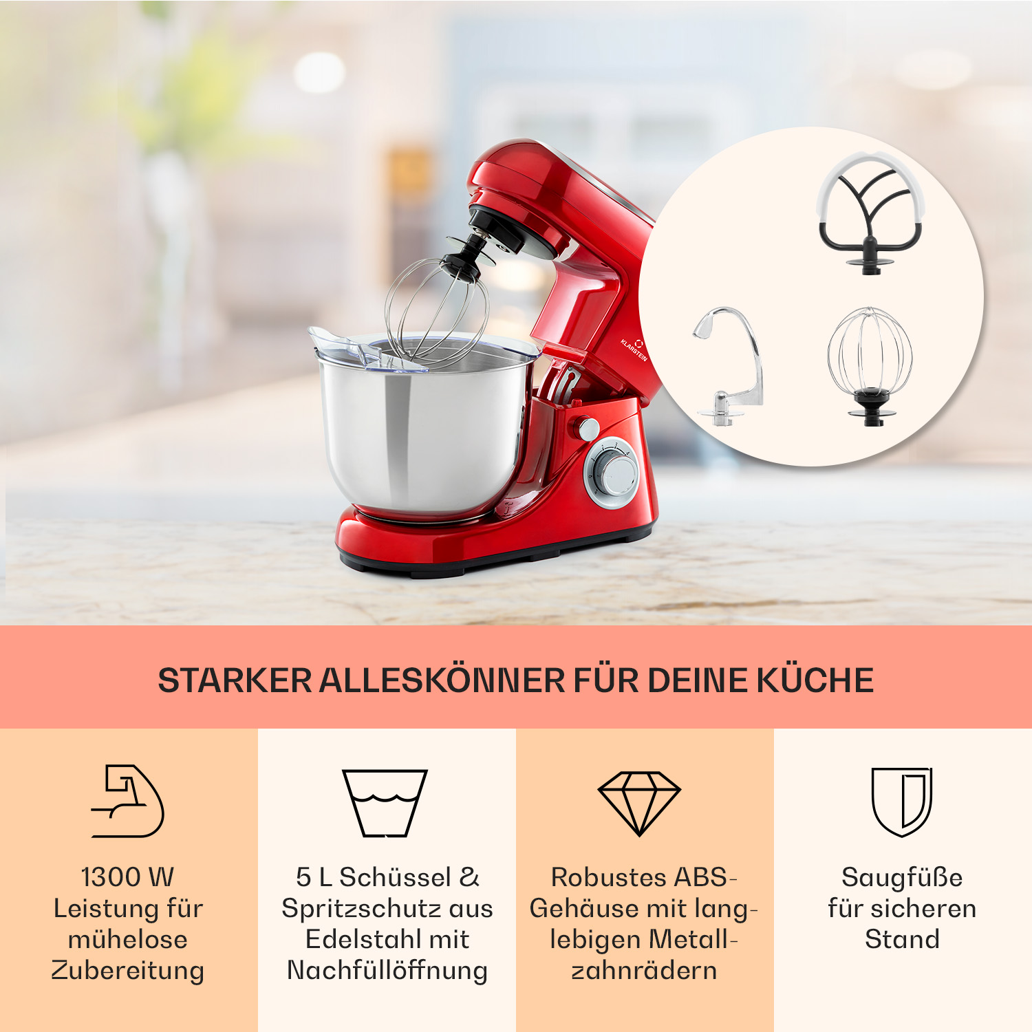 Roter Küchenmixer mit Zubehör und Text. Weißer Hintergrund.