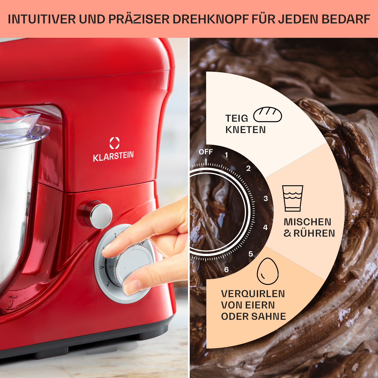 Roter Küchenmixer mit Wahlscheibe für Kneten, Mixen/Rühren und Eier schlagen.