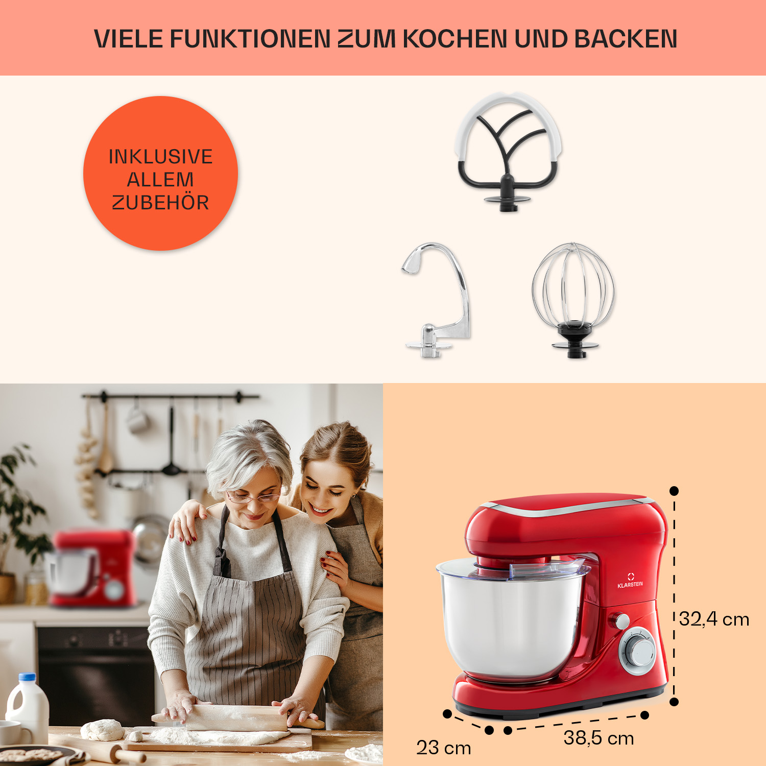 Roter Küchenmixer, zwei Frauen bereiten Teig zu, verschiedene Mixeraufsätze werden gezeigt.