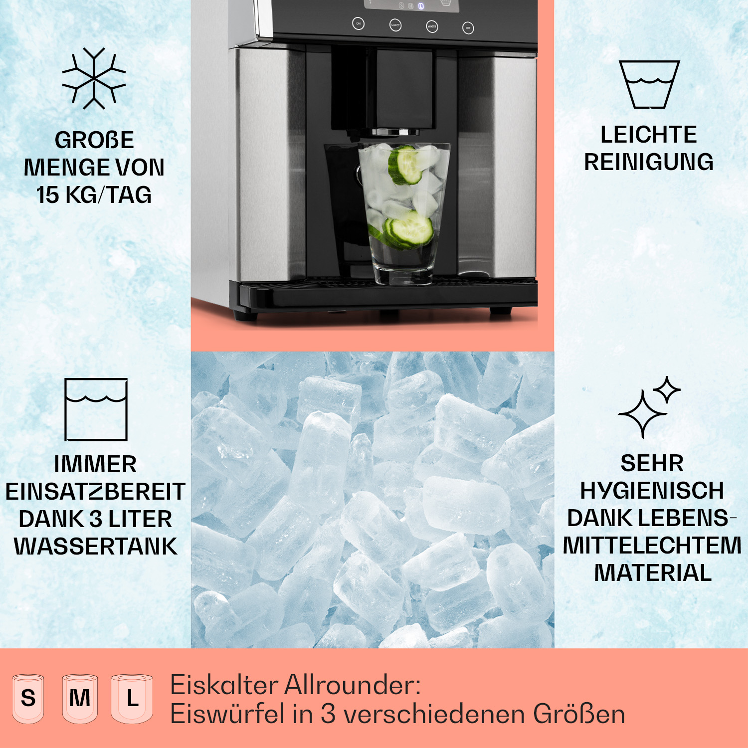 Eine Eismaschine mit einem Glas Wasser und Gurken. Text hebt Eisgrößen, Tankkapazität und einfache Reinigung hervor.