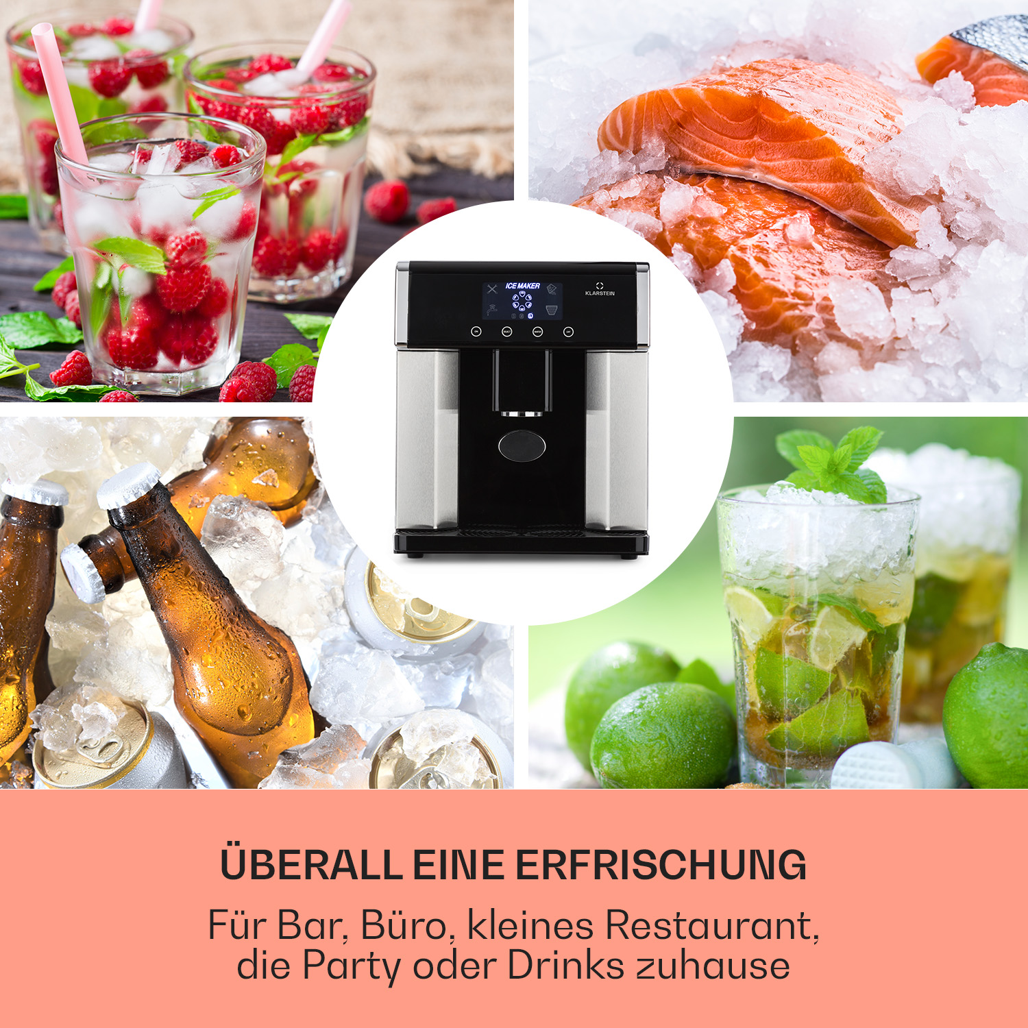 Collage aus Eismaschine, Cocktails und Zutaten, bewirbt Erfrischung für Bar, Büro oder Zuhause.