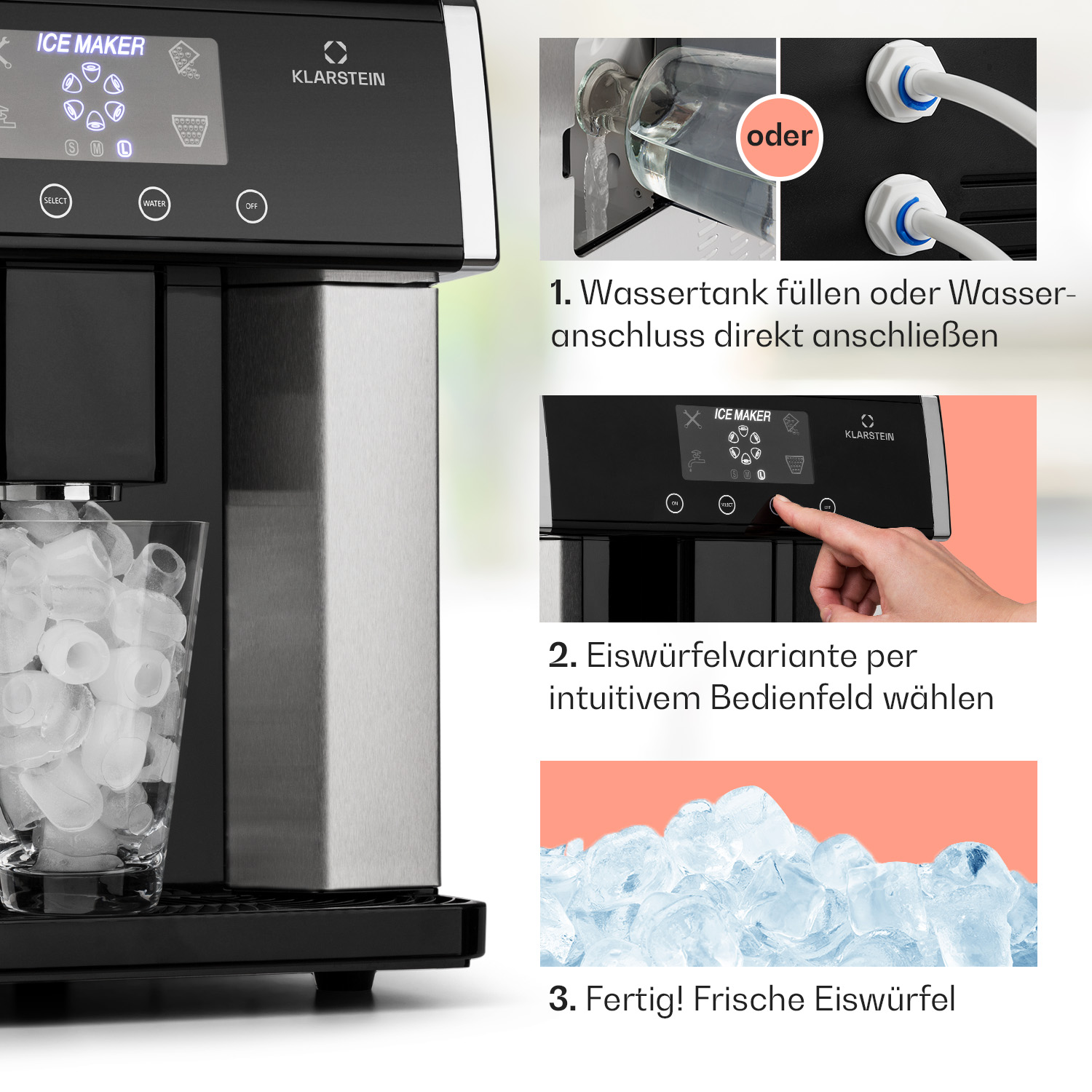 Eisbereiter mit einem Glas Eis und Anweisungen zur Verwendung.