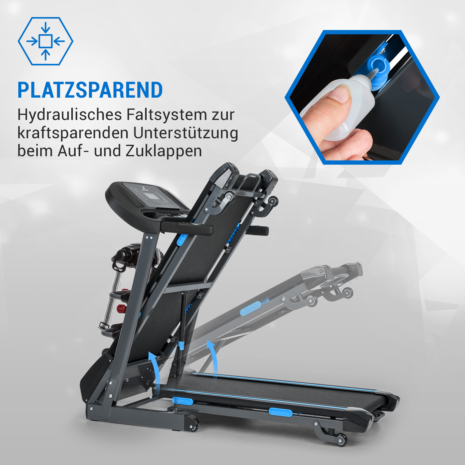 Laufband mit blauem Akzent, im Hintergrund Diagramm des Laufbands.