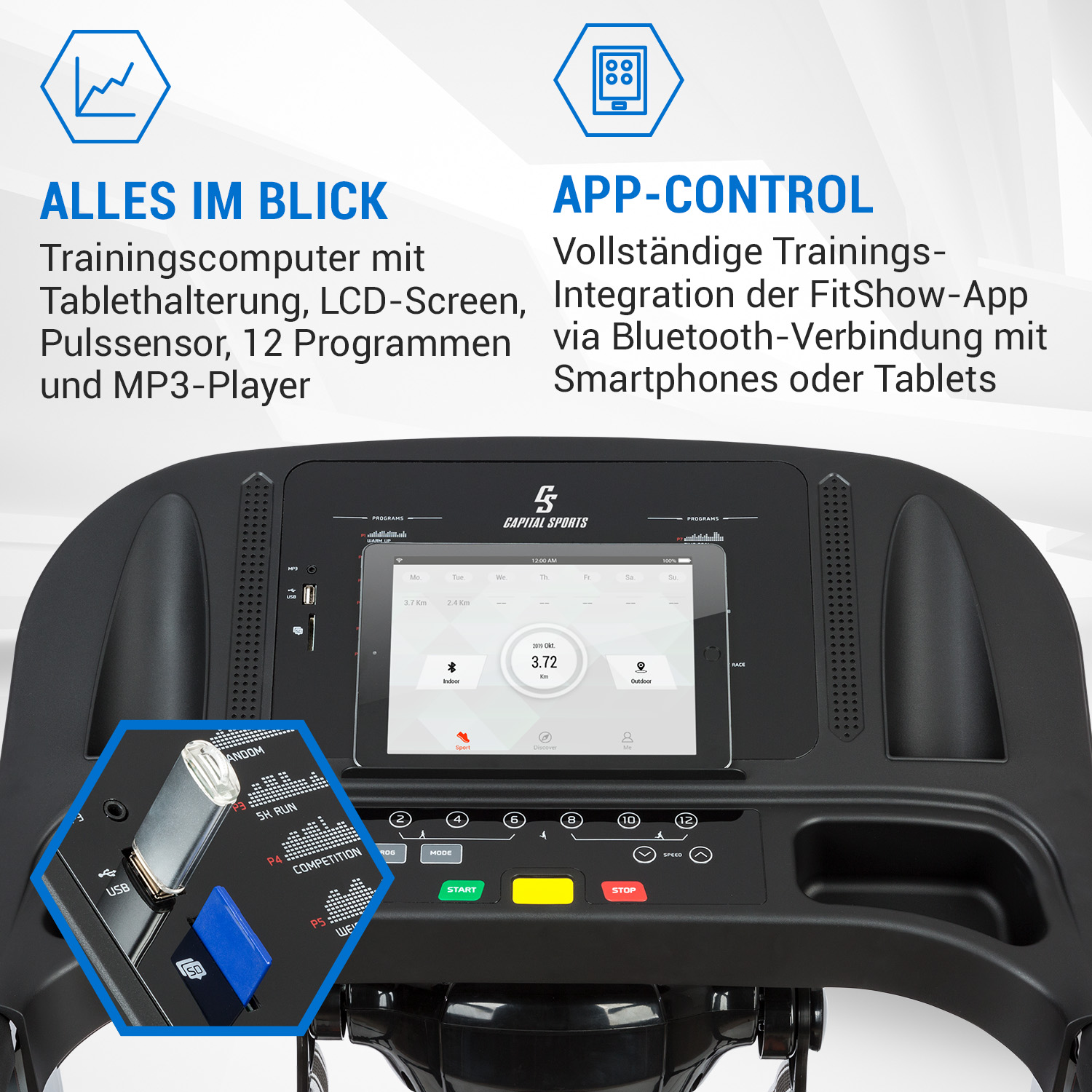 Laufband mit Bildschirm, der Trainingsdaten anzeigt. Text darüber: 'APP-CONTROL'.