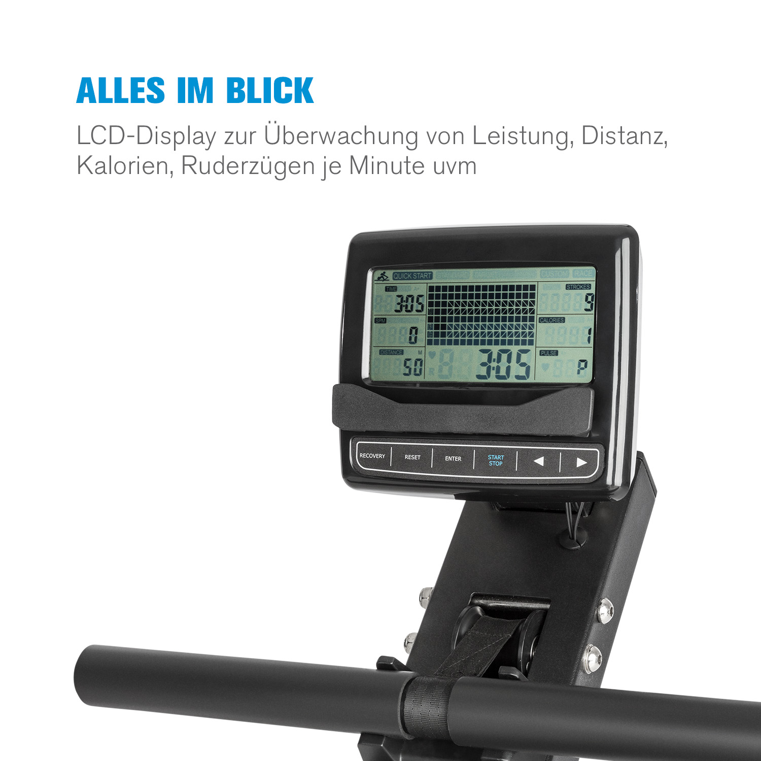 Display LCD su un vogatore con dati sulle prestazioni. Sono visibili i colori nero e grigio.