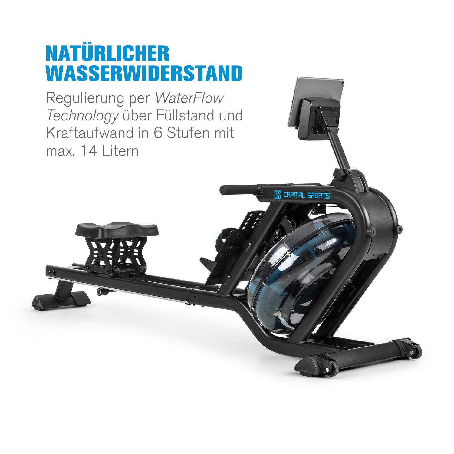 Rematore nero con tecnologia di resistenza all'acqua e supporto per tablet.