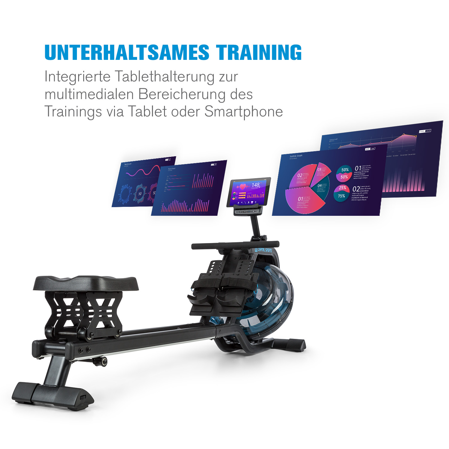 Macchina per il canottaggio con schermo che mostra grafici. Testo: Allenamento divertente. Per multimedia tramite tablet o smartphone.