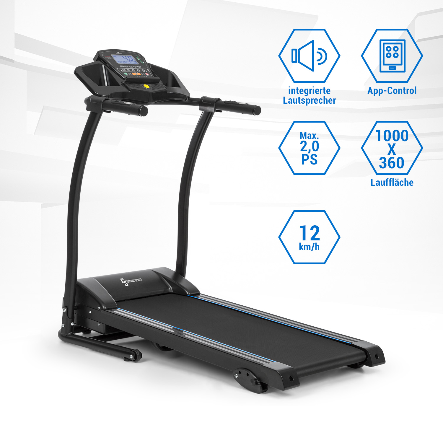 Tapis roulant nero con display digitale, varie icone e specifiche su sfondo bianco.