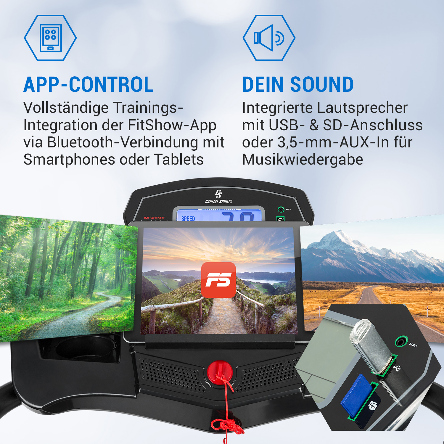 Console del tapis roulant con uno schermo che mostra una vista sulla foresta, più USB e dettagli degli altoparlanti.