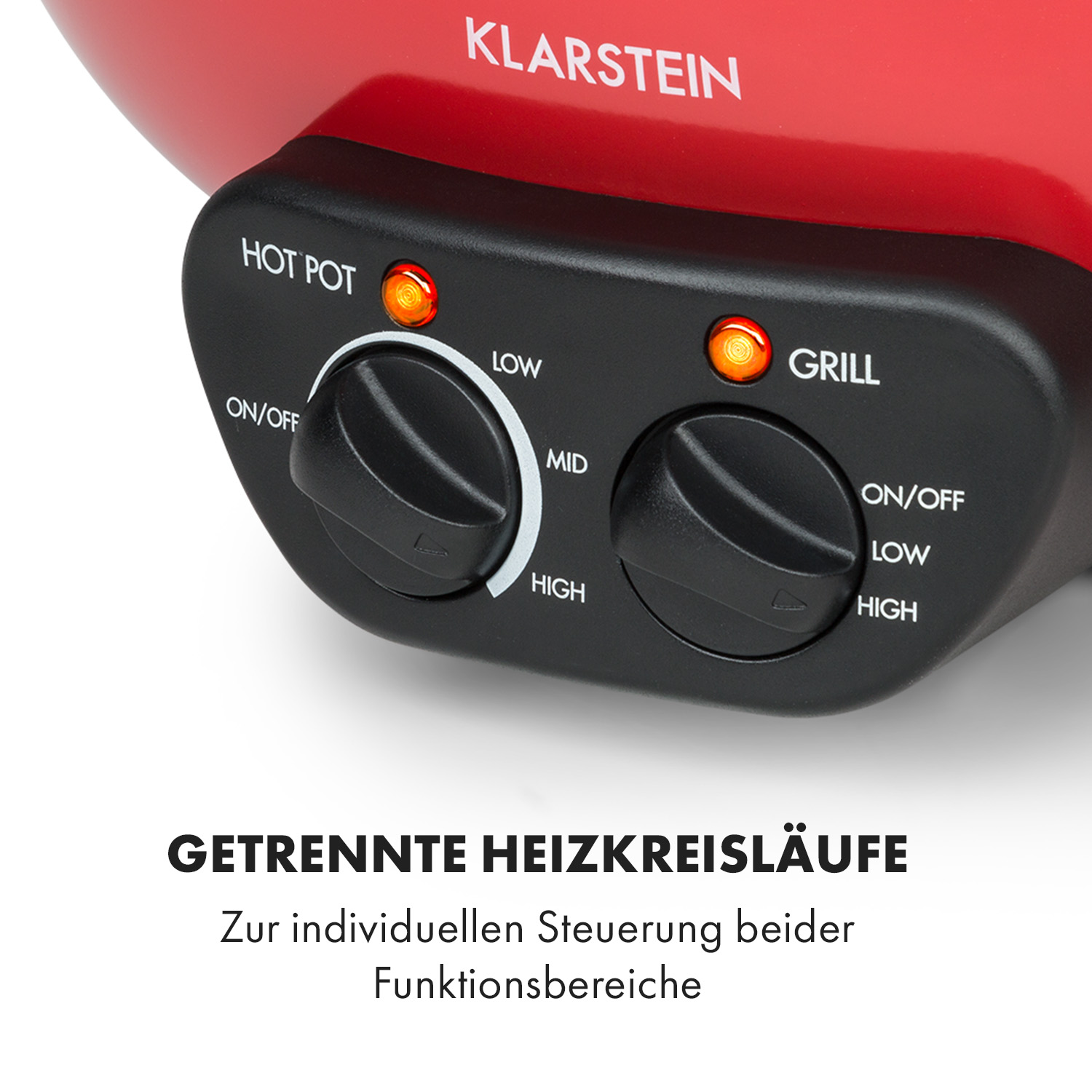 Nahaufnahme eines roten Hot Pots mit Bedienknöpfen für verschiedene Einstellungen.