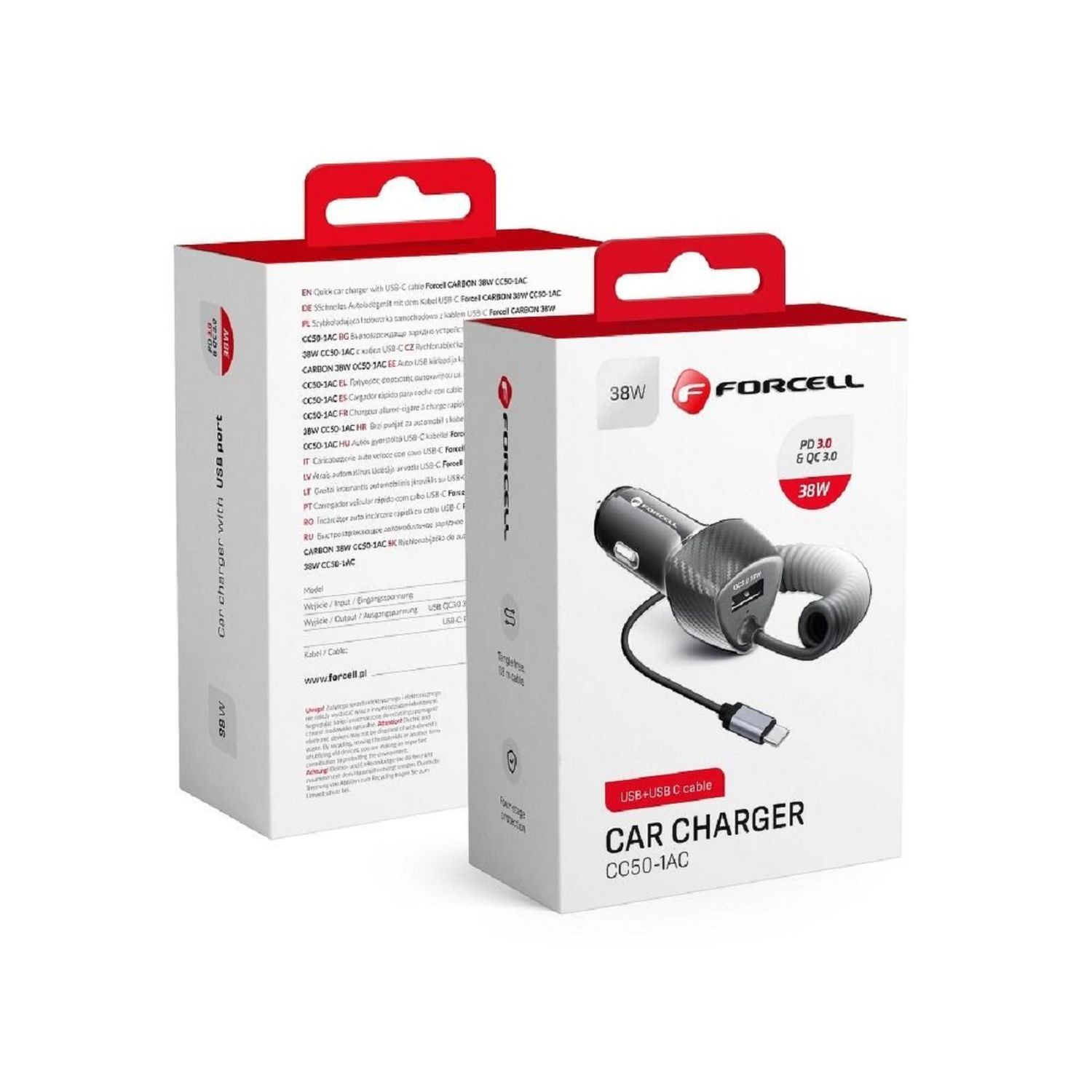 Due scatole di un caricabatterie per auto, con un caricatore e un cavo USB-C.