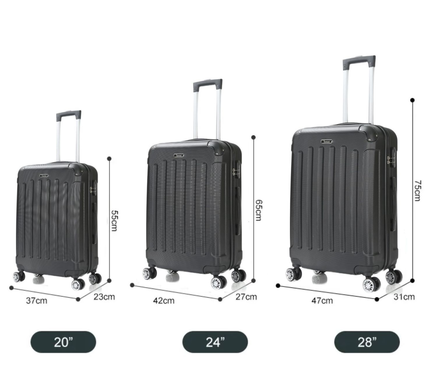 Drei schwarze Koffer, beschriftet mit 20", 24" und 28". Abmessungen mit Pfeilen angegeben.