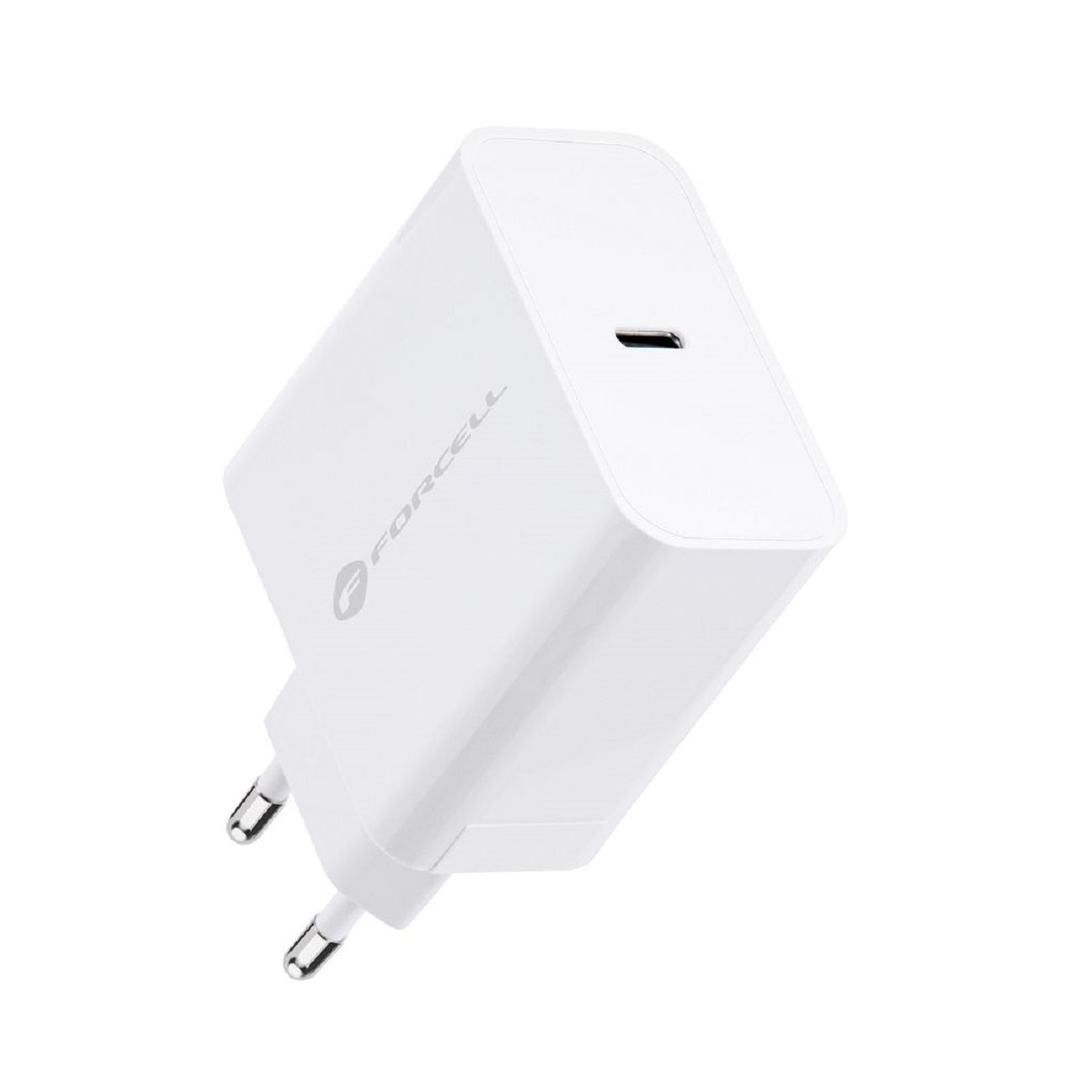 Weißes Forcell-Ladegerät mit USB-C-Anschluss. Es hat einen Euro-Stecker. Auch das Logo der Marke ist sichtbar.