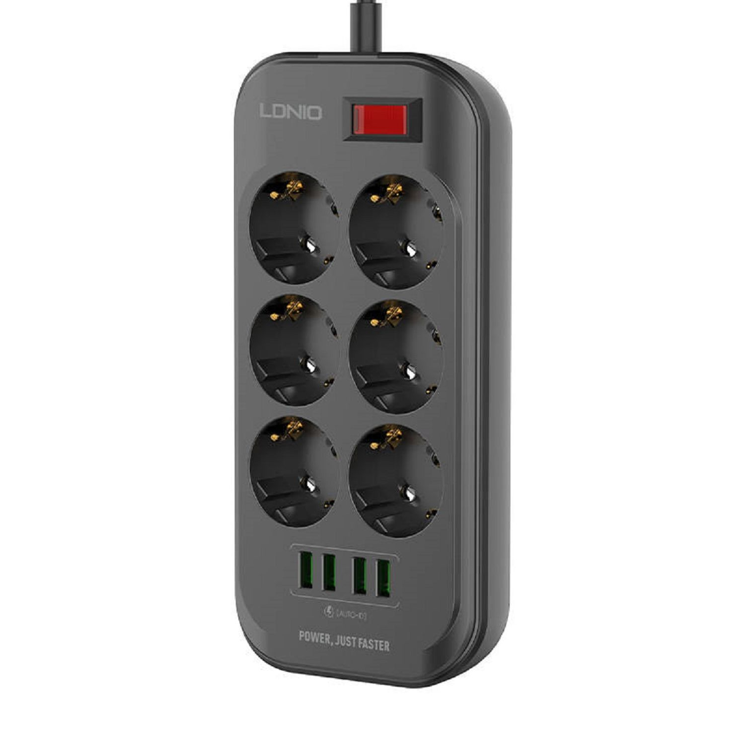 Una ciabatta nera con più prese e porte USB, con un pulsante di accensione rosso.