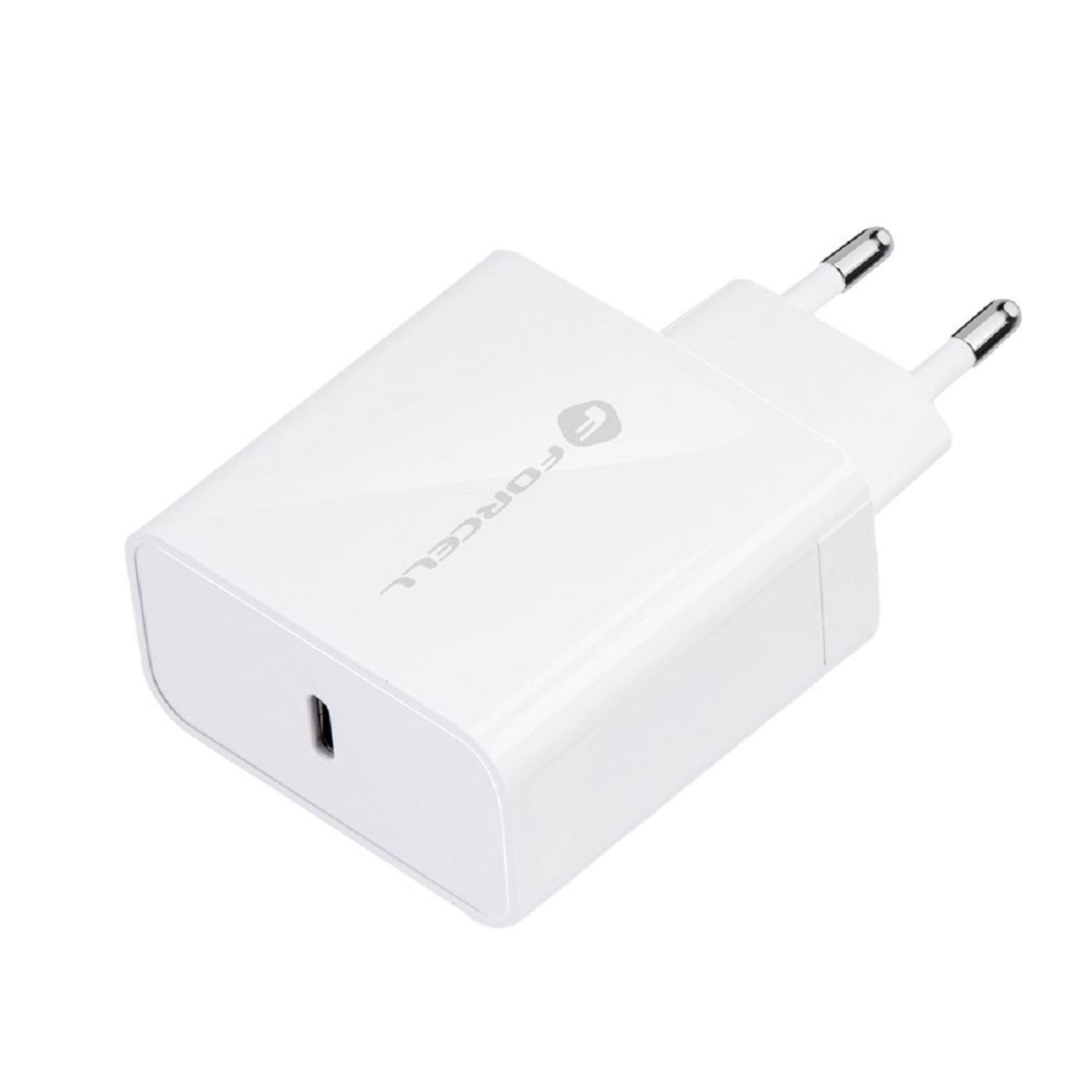 Weißes Telefonladegerät mit USB-C-Anschluss und Stiften. Die Marke ist FORCELL.