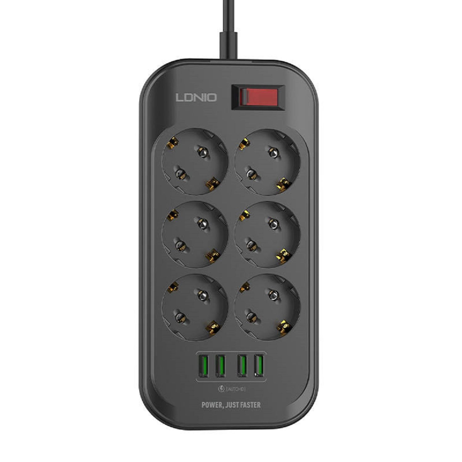 Presa multipla nera con sei prese e porte USB. Interruttore rosso in alto.