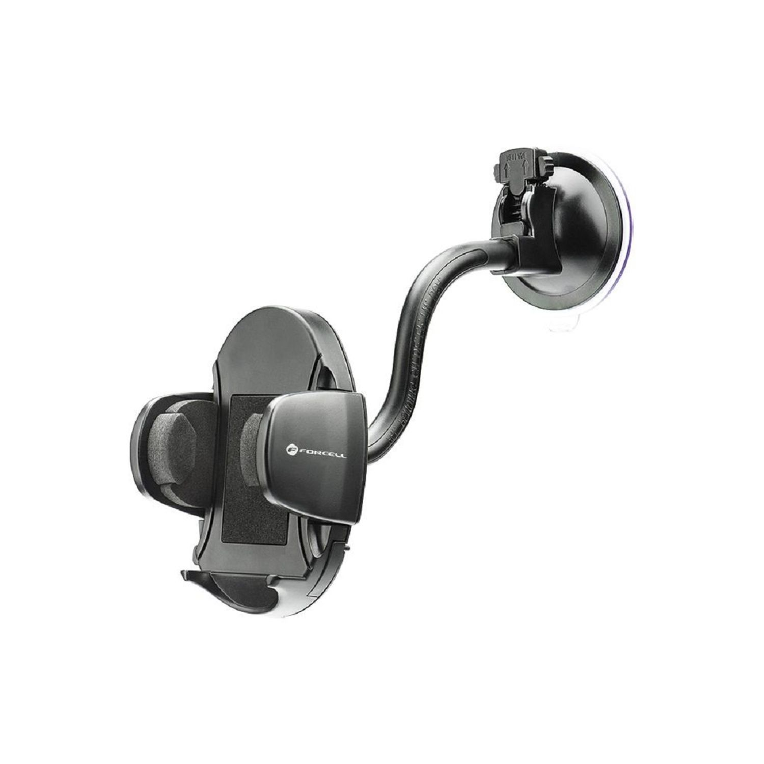 Ein schwarzer Telefonhalter für ein Auto mit Saugnapf und flexiblem Arm.
