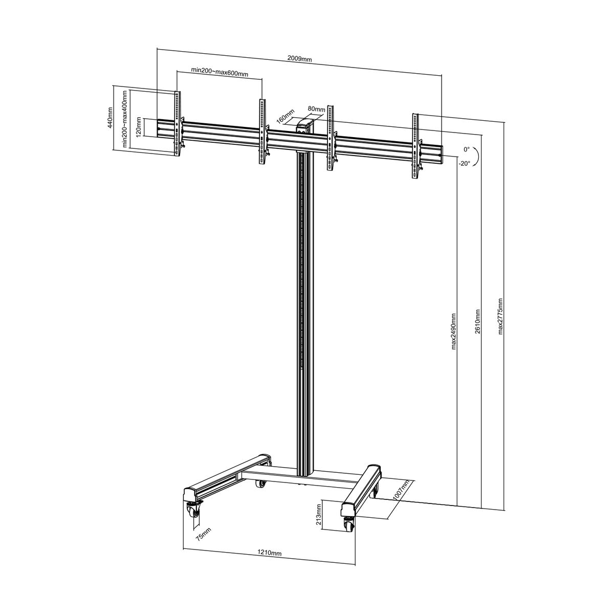 Un dibujo técnico de un soporte de TV con dimensiones y medidas etiquetadas en negro.