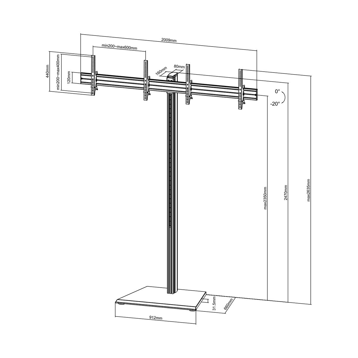 Soporte blanco con dos monitores y dimensiones, fondo blanco.