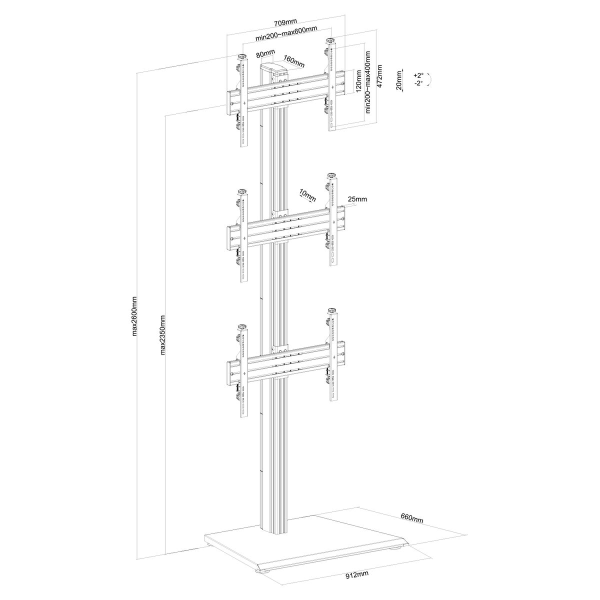 Diagrama de un soporte para múltiples pantallas. Se incluyen las medidas.