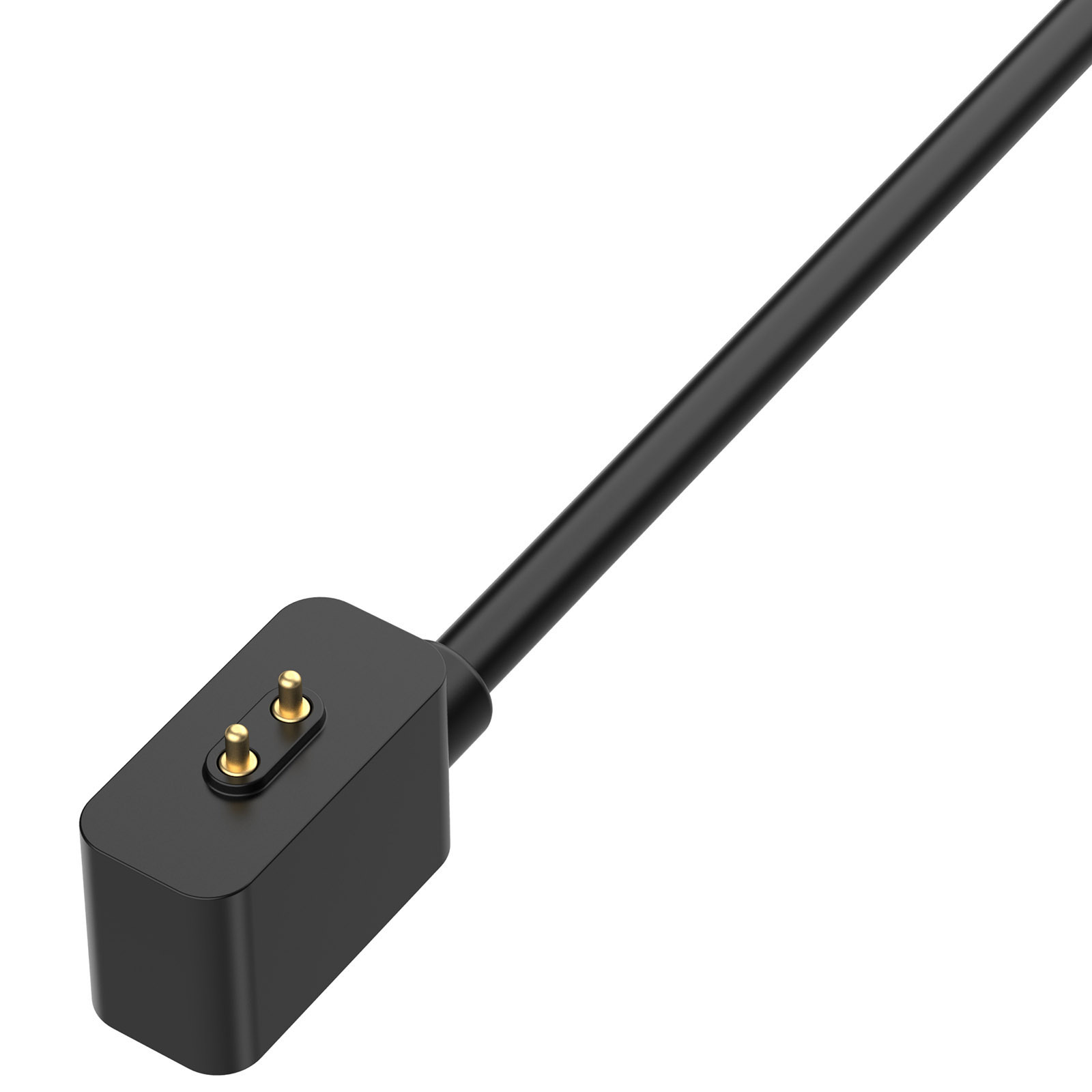 Schwarzes Ladekabel mit zwei goldfarbenen Kontaktpunkten am Ende.