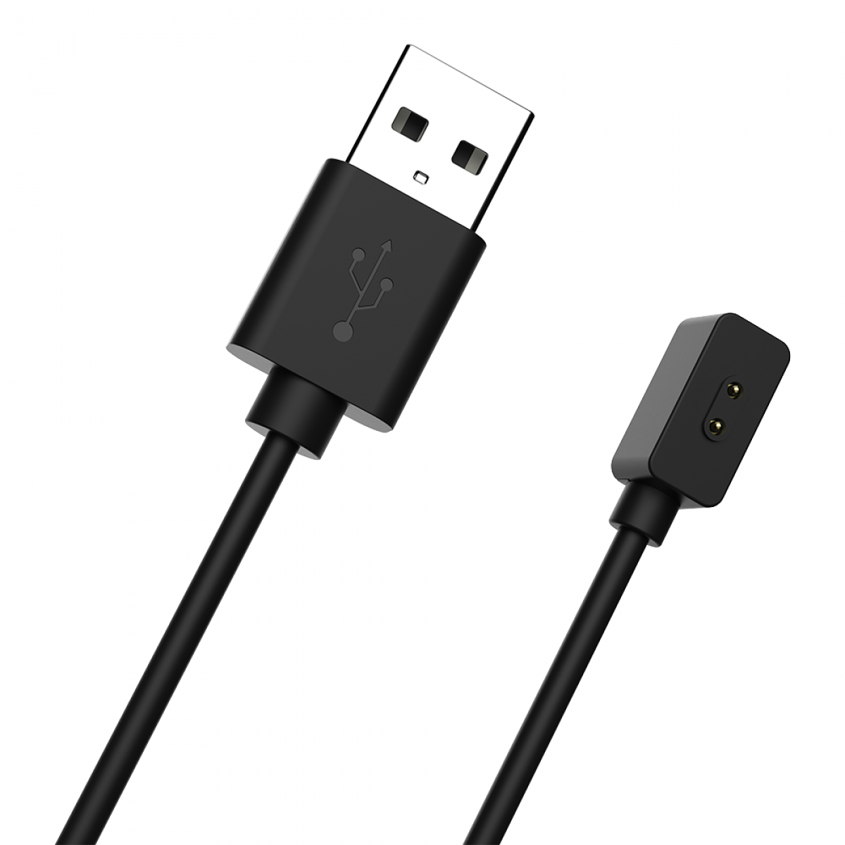 Ein schwarzes USB-Ladekabel mit USB-Anschluss an einem Ende und kleinem Ladekopf.