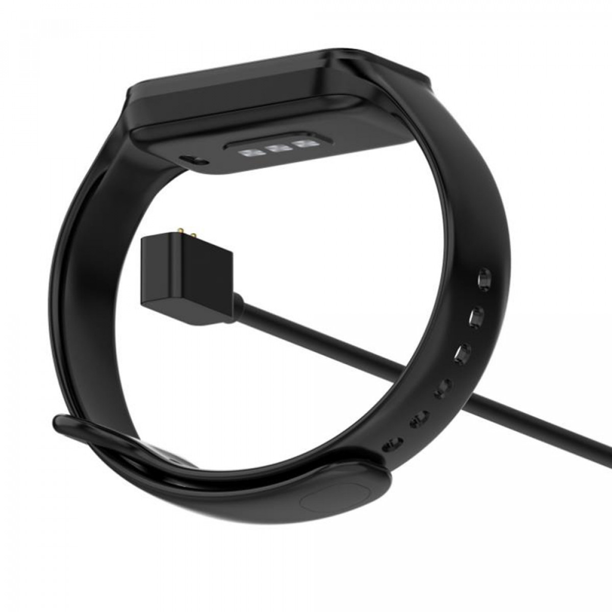 Ein schwarzer Fitnesstracker mit Ladekabel und schwarzem Ladeanschluss. Das Armband ist gebogen.