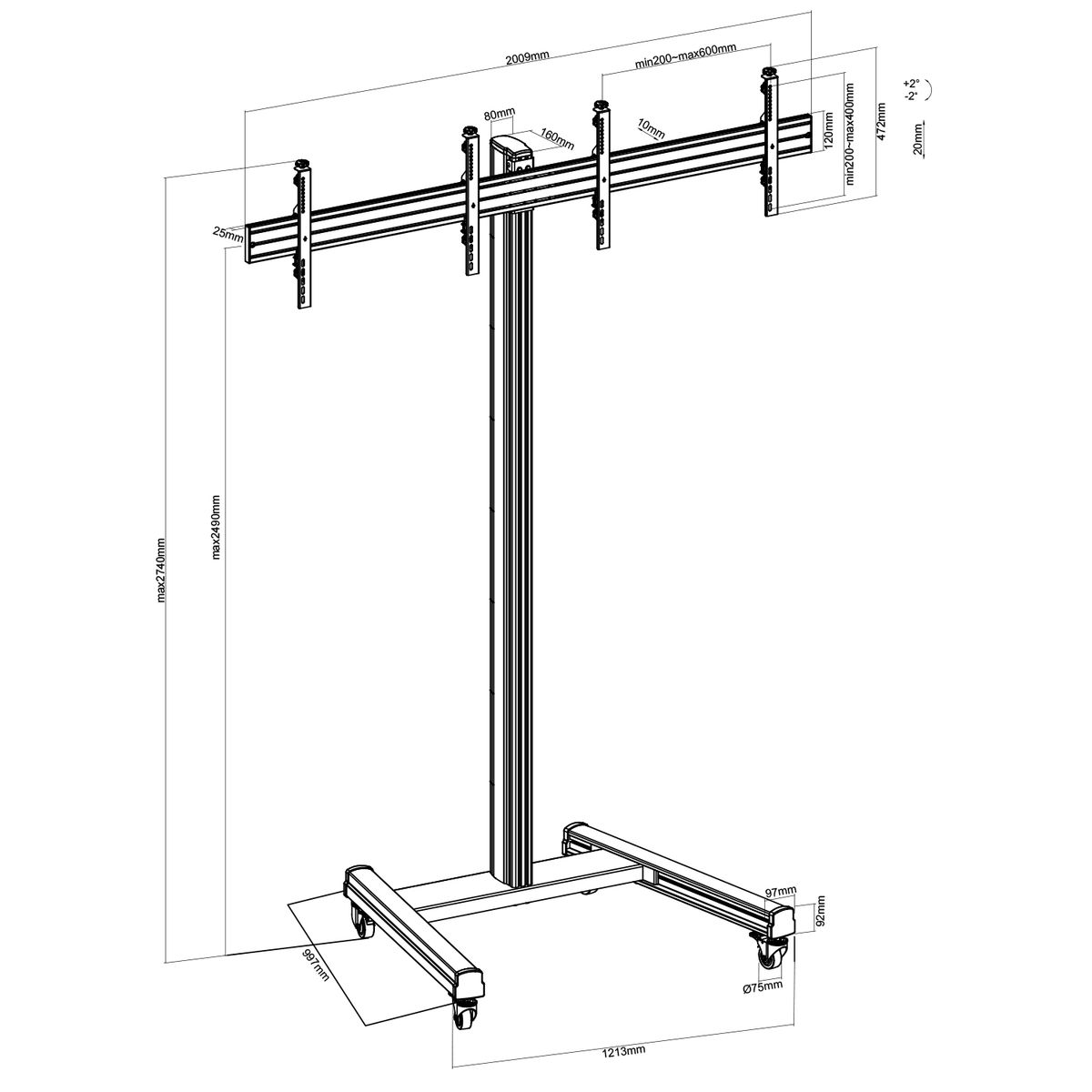 Un disegno tecnico di un supporto TV con dimensioni e misure.