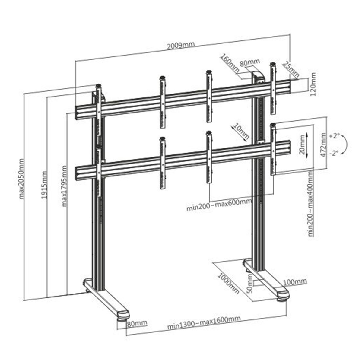 Soporte de TV con dimensiones. Soporte negro con dos televisores. Fondo blanco.