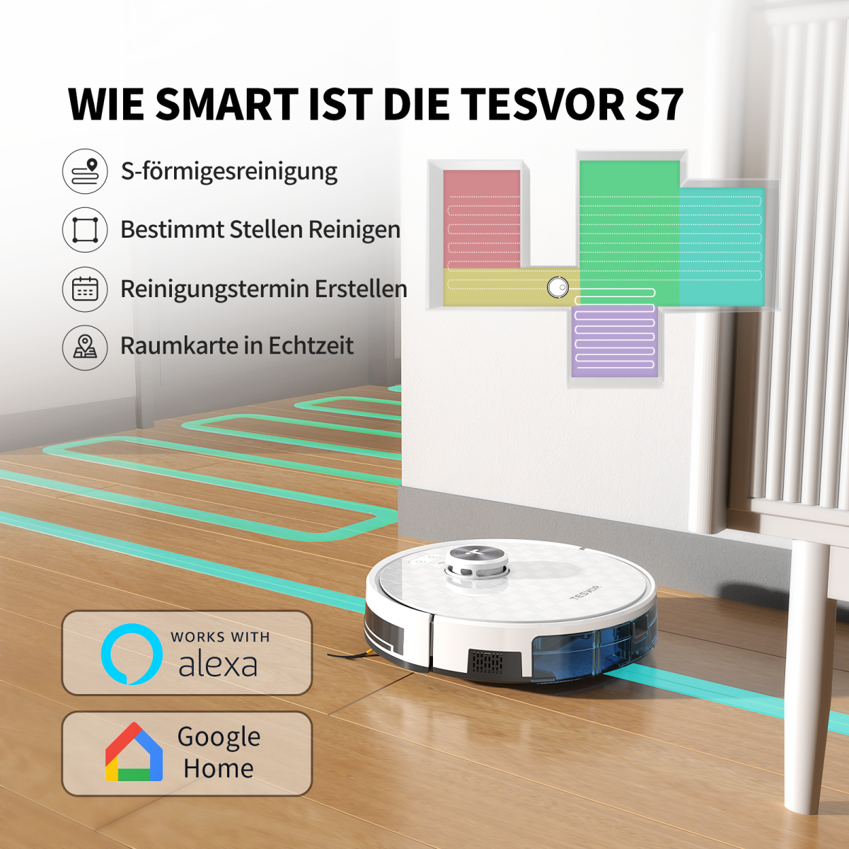 Roboter-Staubsauger reinigt einen Holzboden. Alexa- und Google Home-Symbole.