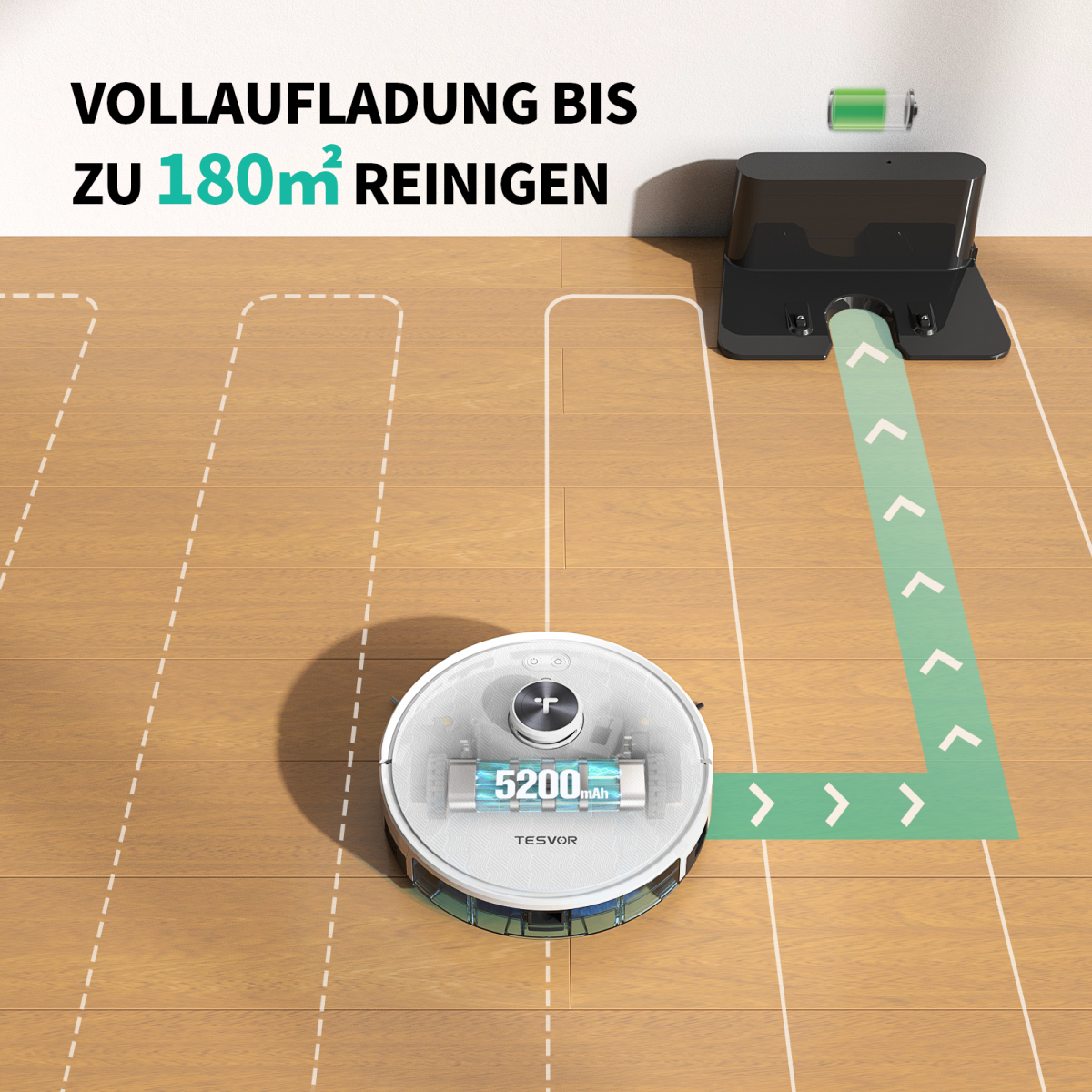 Roboter-Staubsauger reinigt Holzboden, zeigt Reinigungspfad und Batteriestand.