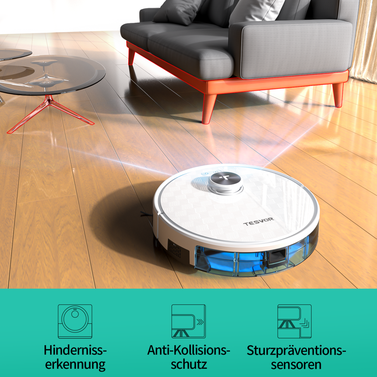 Weißer Roboter-Staubsauger auf Holzboden. Er steht in der Nähe eines Sofas. Icons für Funktionen.