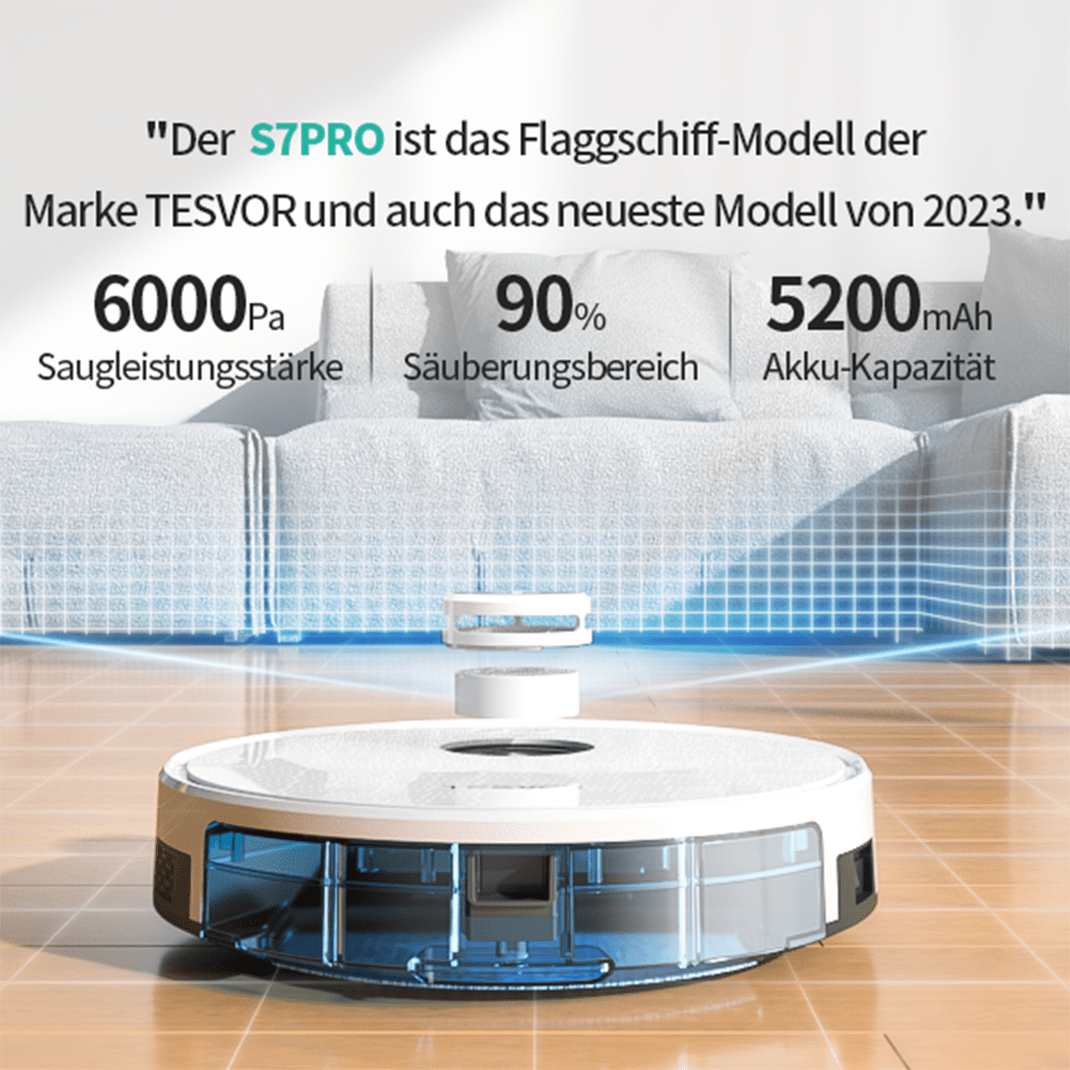 Roboter-Staubsauger auf dem Boden mit Text-Overlay.