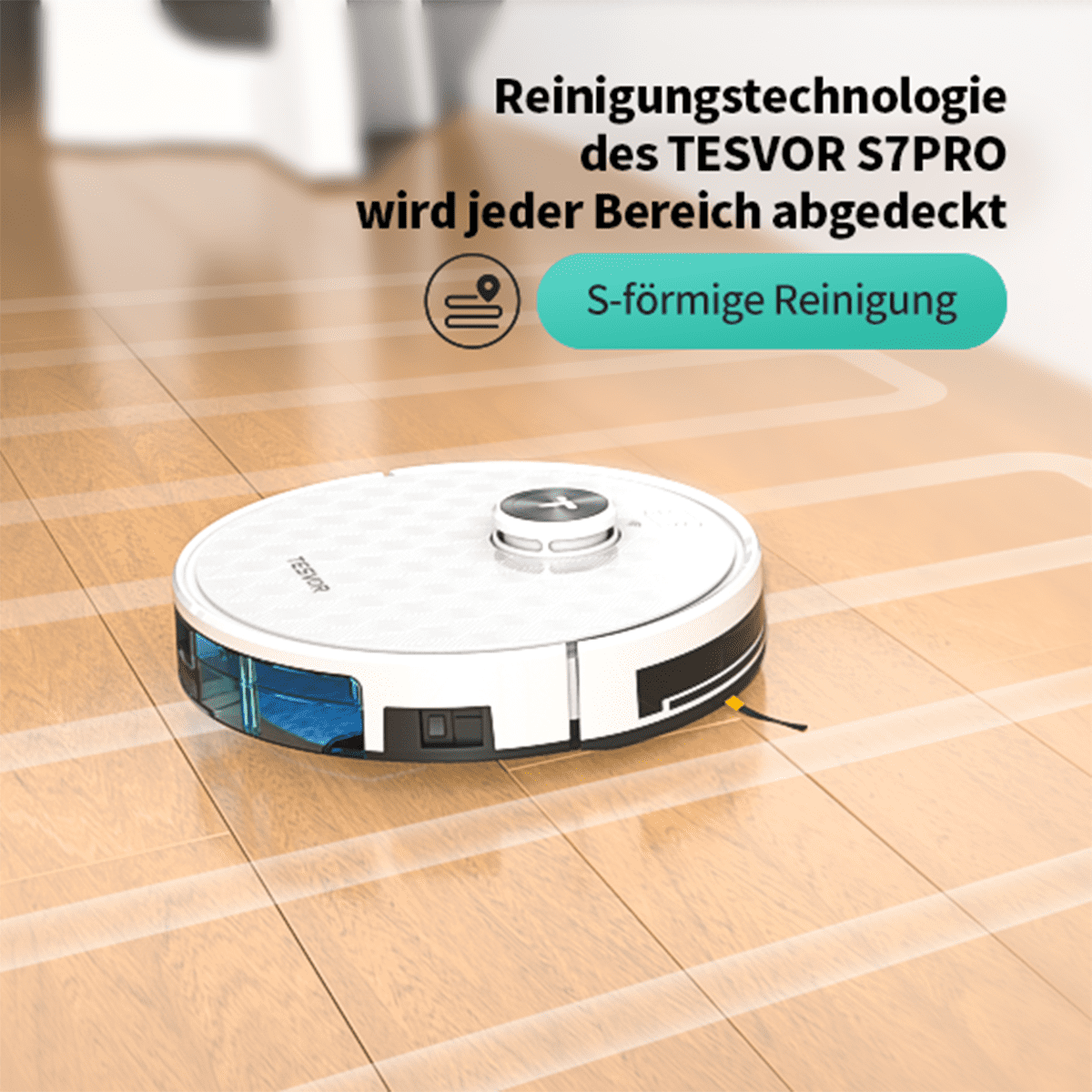 Ein weißer Roboter-Staubsauger auf einem Holzboden. Text darüber:
