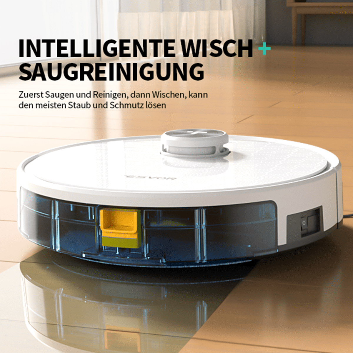 Roboter-Staubsauger auf einem Holzboden.