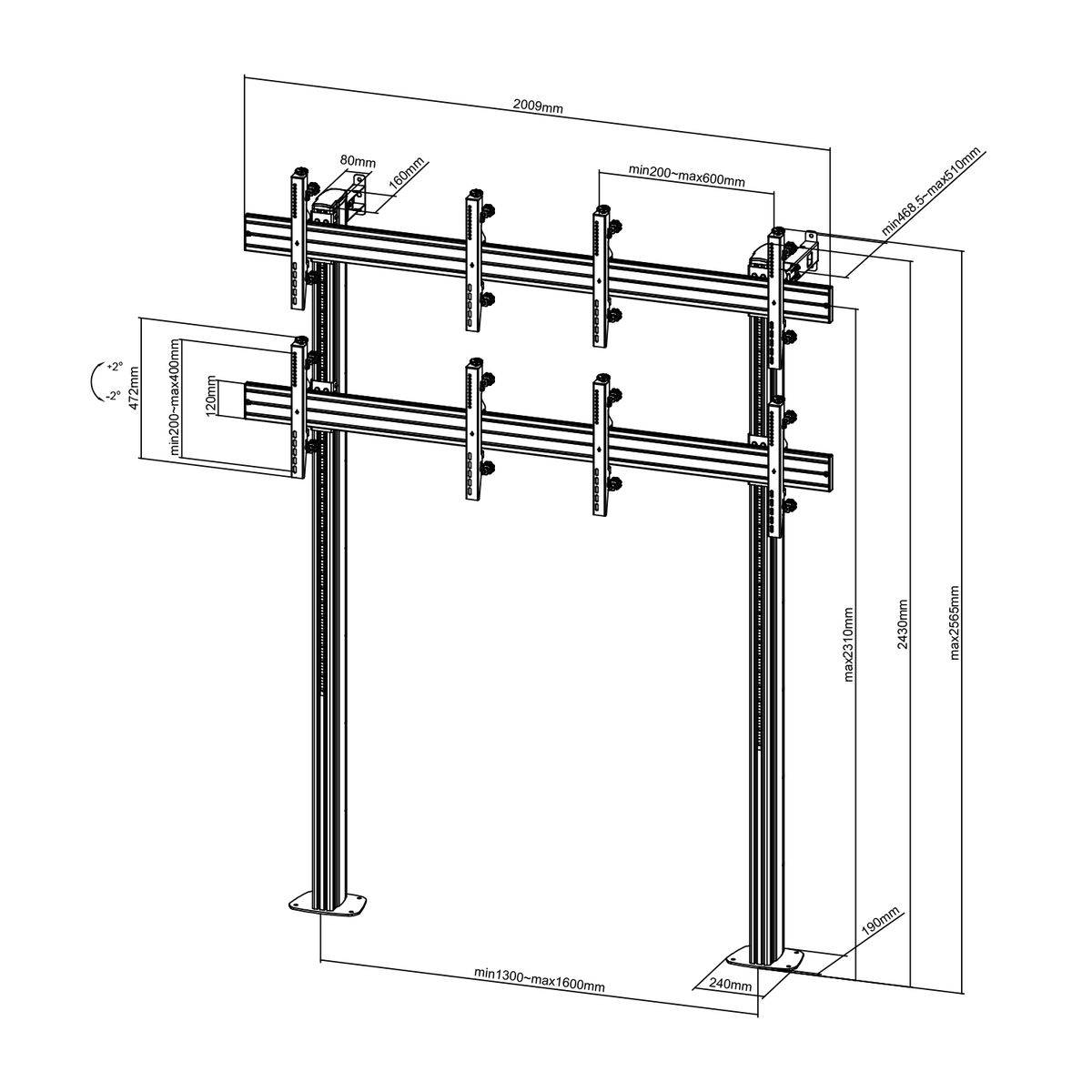 Dibujo técnico de un soporte de TV doble con dimensiones en mm. El soporte es de metal.